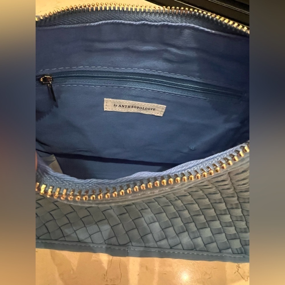 NWT new Anthropologie woven neoprene shoulder bag zip blue nylon purse - Picture 9 of 17